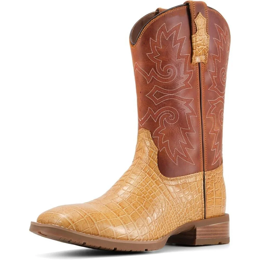 Men‘s Tan Caiman Belly Leather Cowboy Bold Crocodile Texture Square Toe Boots